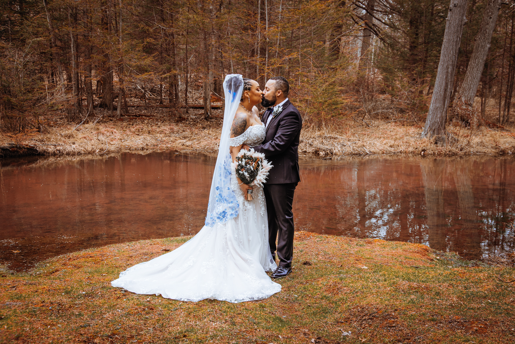 Danielle and Michael wedding portrait at Catalpa Grove pond, Barnesville, PA – sneak peek wedding gallery